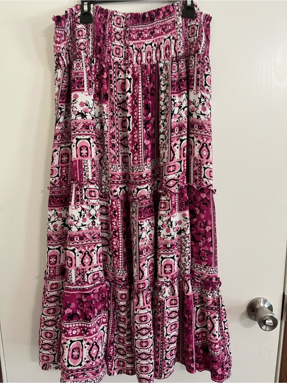 Avenue Pink & White Bohemian Tiered Maxi Skirt